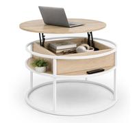 Relaxdays mesa centro redonda con almacenaje, tapa elevable, 47 x 80 cm | MDF y metal, beige/blanco