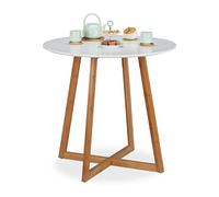Relaxdays Mesa Comedor Redonda Nórdica, Mesa Cocina para 2, Bambú-DM, 75x80 cm, Blanco-Marrón