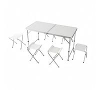 Relaxdays Mesa de Camping Plegable con 4 taburetes, Altura Ajustable, asa de Transporte, Aluminio y MDF, Blanco 71x120x6