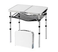 Relaxdays Mesa de Camping Plegable Regulable en Altura, Aluminio y MDF Resistente a la Intemperie, 60x60x40 cm Blanca