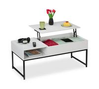 Relaxdays Mesa de Centro Abatible, Mesita Baja, 45x110x50 cm, Compartimento Lateral y de Almacenamiento, Metal, Blanco, Hierro