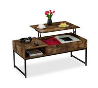 Relaxdays Mesa de Centro Abatible, Mesita Baja, 45x110x50 cm, Compartimento Lateral y de Almacenamiento, Metal, Marrón, Tablero de Fibras