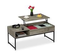 Relaxdays Mesa de Centro Abatible, Mesita Baja, 45x110x50 cm, Compartimento Lateral y de Almacenamiento, Metal, Gris, Tablero de Fibras