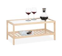 Relaxdays Mesa de Centro con Tablero Cristal, Mesita Sofá con Estante, Madera de Pino, Salón, 35x80x40 cm, Natural
