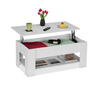 Relaxdays Mesa de Centro Elevable, Mesita Sofá con Almacenaje y Balda, Mesilla Salón, 42x98x50 cm, Blanco, Tablero de Fibras