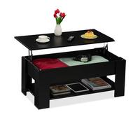 Relaxdays Mesa de Centro Elevable, Mesita Sofá con Almacenaje y Balda, Mesilla Salón, 42x98x50 cm, Negro, Tablero de Fibras