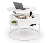Relaxdays Mesa de centro redonda blanca con almacenaje, MDF y metal | tapa elevable, (Al x ø) 47 x 80 cm