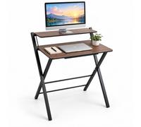 Relaxdays Mesa de Escritorio Plegable, Marrón y Negro | Mesa para Ordenador con Elevador de Monitor, para Teletrabajo, Madera y Metal, 82 x 70 x 56 cm