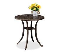 Relaxdays Mesa Jardín Exterior, Mesita Redonda Antigua, Resistente, Aluminio Fundido, 53 x 53 cm, Balcón, Negro/Bronce, Plástico