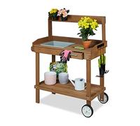 Relaxdays Mesa de jardinería con Ruedas, Bandeja y cajón, Madera, plástico 120x97x49cm, Banco Trabajo jardín, marrón