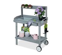 Relaxdays Mesa de Jardinería con Ruedas, con Bandeja para Tierra y Cajón, Madera y Plástico, 120 x 97 x 49 cm, Gris