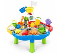 Relaxdays Mesa de Juegos de Agua Isla Pirata, Multicolor | Estación Infantil con Mástil, Cañón y Moldes de Arena, Plástico, 58 x 60 x 60 cm