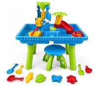 Relaxdays Mesa de Juegos de Agua y Arena con 2 Compartimentos, Multicolor | Estación Acuática Infantil con Molino y Taburete, 76 x 57 x 37 cm