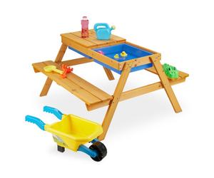 Relaxdays Mesa de pícnic infantil con cocina azul,marrón claro