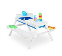 Relaxdays Mesa de Pícnic Infantil para Jardín, Mesita Niños con 2 Bancos Madera, para Juegos con Arena y Agua, Blanco