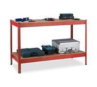 Relaxdays Mesa de Trabajo, 600 kg, Banco Taller, 91 x 141 x 61 cm, 2 Niveles Regulables, Estante de Acero y MDF, Rojo