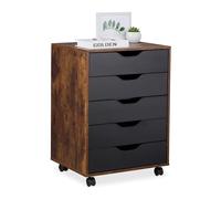 Relaxdays Mesa Impresora, 5 Cajones, 66,5x48x39,5 cm, Cajonera Oficina con Ruedas, Mueble Despacho, Negro/Marrón