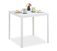 Relaxdays Mesa Jardín Efecto Madera, Mesita Balcón Resistente Intemperie, 74,5x78x78 cm, Plástico y Acero, Blanco