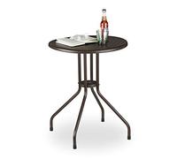 Relaxdays Mesa Jardín, Efecto Ratán, Mesita Balcón Pequeña, Plástico y Metal, Mueble Patio Resistente, 74x60 cm, Marrón