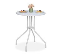 Relaxdays Mesa Jardín Efecto Ratán, Redonda, 73 x 60 cm, Mesita de Balcón, Terraza o Exterior, Plástico y Acero, Blanco