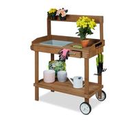 Relaxdays Mesa para jardinería con ruedas marrón blanco,marrón,gris