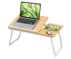 Relaxdays Mesa para portátil para Cama y sofá, Plegable, Natural/Blanco | Efecto madera, altura regulable, bandeja para cama, metal