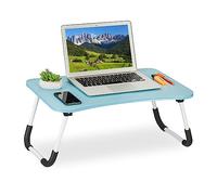 Relaxdays Mesa para Portátil Sofá, 26 x 63 x 40 cm, Bandeja Cama Plegable, MDF, Hierro, Mesita Tablet, Azul Claro