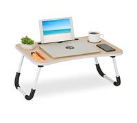 Relaxdays Mesa para Portátil Sofá, Plegable, Soporte Tablet, Portabebidas, Bandeja Cama, 26 x 63 x 40 cm, Natural/Blanco