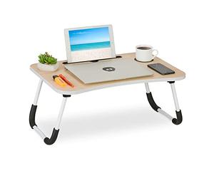 Relaxdays Mesa para Portátil Sofá, Plegable, Soporte Tablet, Portabebidas, Bandeja Cama, 26 x 63 x 40 cm, Natural/Blanco