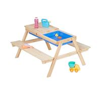Relaxdays Mesa Pícnic Infantil, Banco Jardín Niños con Bandejas Agua y Barro, para Jugar, 50 x 89 x 86 cm, Natural, Madera, Plástico