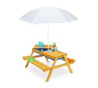 Relaxdays Mesa Pícnic Infantil con Sombrilla, Mesita Niños con 2 Bancos Madera, para Juegos con Arena y Agua, Natural