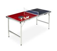 Relaxdays Mesa Ping Pong Plegable, Set con 2 Palas, Red y 3 Pelotas, DM y Aluminio, 67,5 x 151 x 67,5 cm, Azul y Rojo