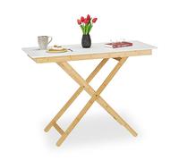 Relaxdays Mesa Plegable Altura Ajustable, Bambú y MDF, Mesita Auxiliar, Salón, Balcón, 70 x 105 x 50 cm, Natural/Blanco