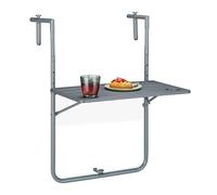 Relaxdays Mesa Plegable Balcón, 3 Alturas, 59,5x60 cm, Mesita Colgante con 2 Posavasos, Mueble Exterior Barandilla, Gris, Acero