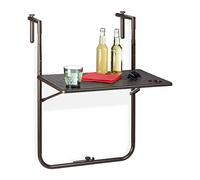 Relaxdays Mesa Plegable Balcón, 3 Alturas, Mesita Colgante Efecto Ratán 59,5x36 cm, Mueble Exterior Barandilla, Marrón