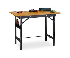 Relaxdays Mesa Plegable Taller, hasta 100 kg, Regla, Transportador, 76x100x60cm, Banco Trabajo Carpintero, Natural Negro