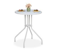 Relaxdays Mesa Jardín Efecto Ratán, Redonda, 73 x 60 cm, Mesita de Balcón, Terraza o Exterior, Plástico y Acero, Blanco