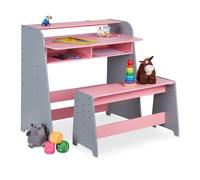 Relaxdays Kindertisch höhenverstellbar Mesa y Banco Infantil, 2 Compartimentos, Escritorio Regulable en Altura Niños, 88 x 90 x 48 cm, Rosa/Gris, Tablero de Fibras