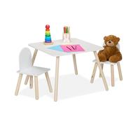 Relaxdays Mesa y 2 Sillas Infantiles, 3 Piezas, Mobiliario Niñas, Set de Muebles Dormitorio, Blanco/Natural, Tablero de Fibras, Madera, 45 x 60 x 60 cm