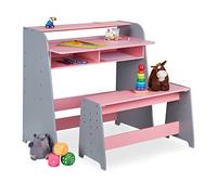 Relaxdays Kindertisch höhenverstellbar Mesa y Banco Infantil, 2 Compartimentos, Escritorio Regulable en Altura Niños, 88 x 90 x 48 cm, Rosa/Gris, Tablero de Fibras