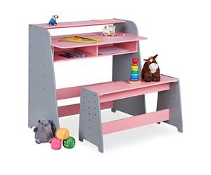 Relaxdays Mesa y Banco Infantil, 2 Compartimentos, Escritorio Regulable en Altura Niños, 88 x 90 x 48 cm, Rosa/Gris