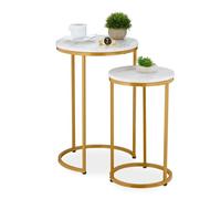 Relaxdays Mesas Auxiliares, Set Tamaños, Efecto Mármol, Patas Metal, Mesitas Redondas Salón, Sofá, Blanco/Dorado, 10% plástico 30% Tablero de Fibra 60% Hierro, 2 Unidades