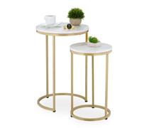 Relaxdays Mesas efecto mármol y metal set de 2 blanco,oro
