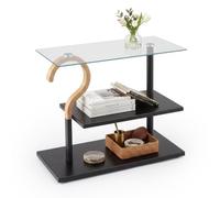 Relaxdays Mesita Auxiliar, 2 baldas, (Al x An x Fon) 50 x 60 x 30 cm, salón | acero, cristal, madera, negro/natural