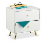 Relaxdays Mesita de Noche, 1 Ud, 2 Cajones, 41,5x40x32,5 cm, Dormitorio, Mesilla Cabecera Metal y MDF, Blanco/Dorado, 20% Hierro