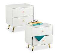 Relaxdays Mesita de Noche, 2 Uds, 2 Cajones, 41,5x40x32,5 cm, Dormitorio, Mesilla Cabecera Metal y MDF, Blanco/Dorado, 80% Tablero de Fibras