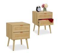 Relaxdays Mesita de Noche, Cajones, Set de 2, Estilo Ratán, Mesilla Dormitorio Efecto Madera, 55 x 40 x 41,5 cm, Natural, Tablero de Fibras, Aluminio, 2 Unidades