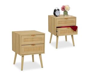 Relaxdays Mesita de Noche, Cajones, Set de 2, Estilo Ratán, Mesilla Dormitorio Efecto Madera, 55 x 40 x 41,5 cm, Natural