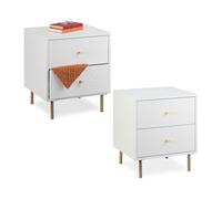 Relaxdays 2 Mesitas de Noche con 2 Cajones, Mesilla Dormitorio, Mesas Auxiliares de Cama, 52 x 45 x 40 cm, Blanco/Dorado
