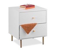Relaxdays Mesita de Noche con 2 Cajones, Mesilla Dormitorio, Mesa Auxiliar de Cama, 52 x 45 x 40 cm, Blanco/Dorado